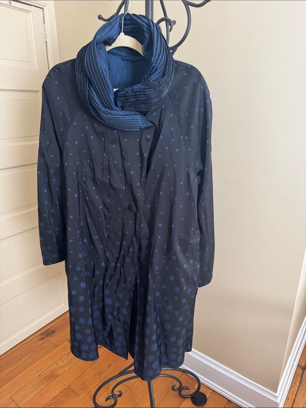 Mycra Pac Now Navy Blue Polka Dot Long Sleeve Dress Coat reversible